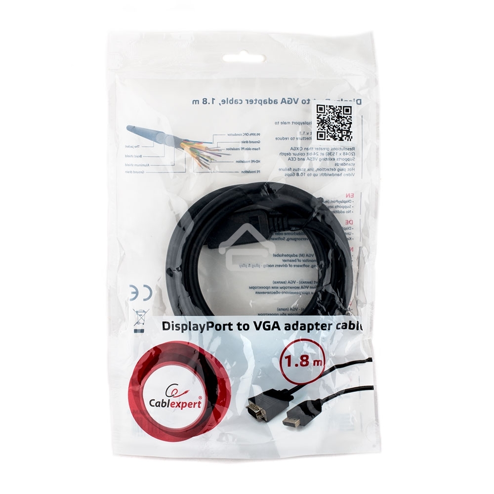Кабель DisplayPort->VGA Cablexpert CCP-DPM-VGAM-6, 1,8м, 20M/15M, черный, экран, пакет