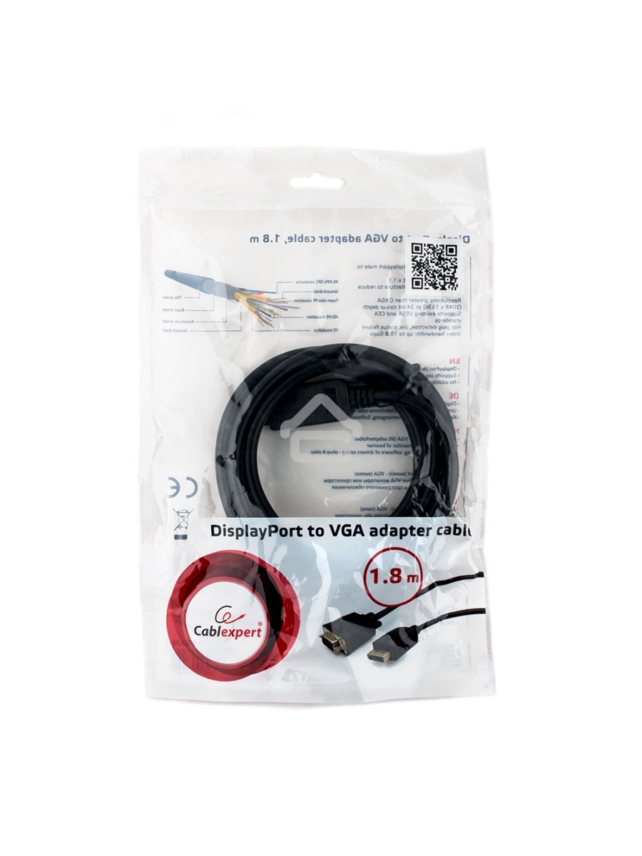 Кабель DisplayPort->VGA Cablexpert CCP-DPM-VGAM-6, 1,8м, 20M/15M, черный, экран, пакет