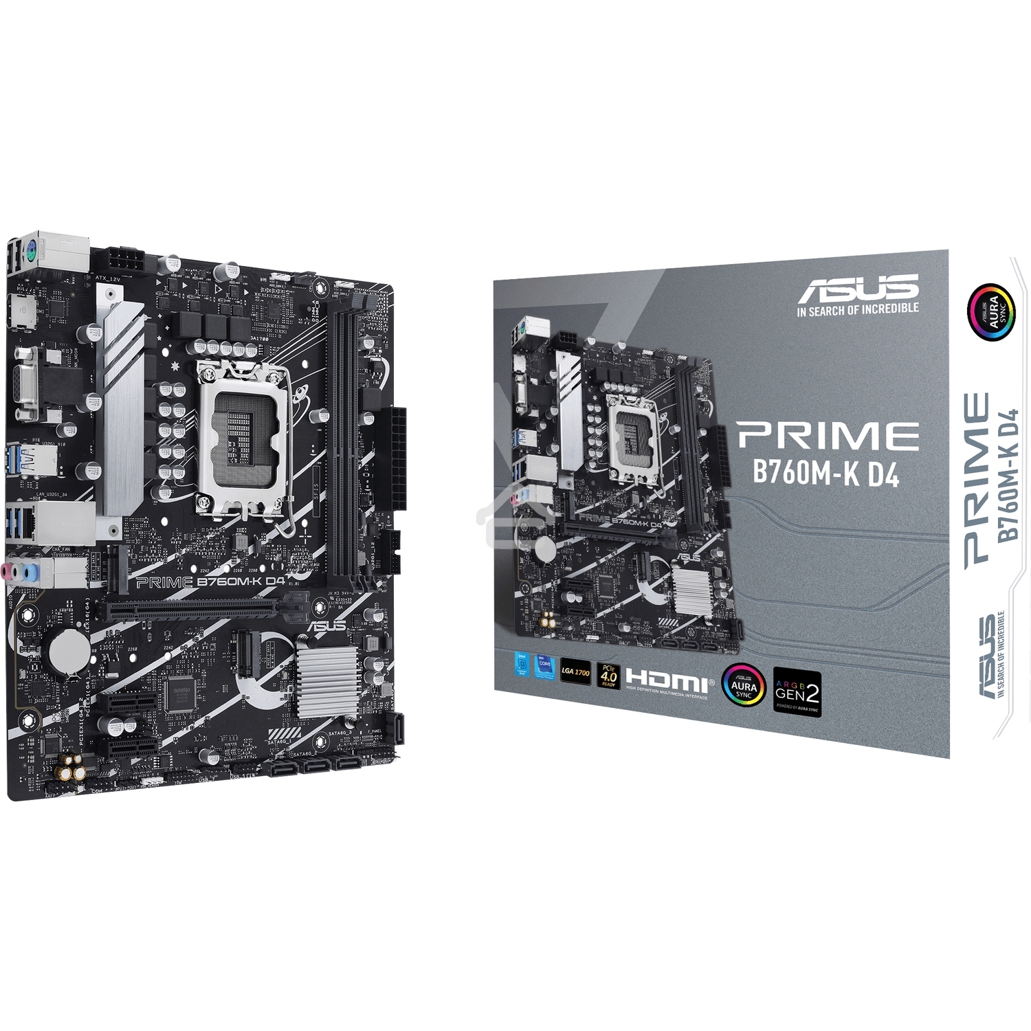 Материнская плата ASUS PRIME B760M-K D4, LGA 1700, Intel B760, 2xDDR4, 4xSATA, 2xM.2, 1xPCIe 4.0 x16, 2xPCIe x1, 1xHDMI, 1xVGA, 1x 2.5Gb LAN, 2xUSB-A 3.2 Gen 1, 2xUSB-A 2.0, 3x3.5 мм, 7.1, mATX
