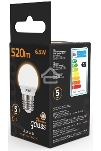 Лампа светодиодная Gauss Black 6.5Вт цок.:E27 шар 220B 3000K св.свеч.бел.теп. G45 (упак.:10шт) (105102107)