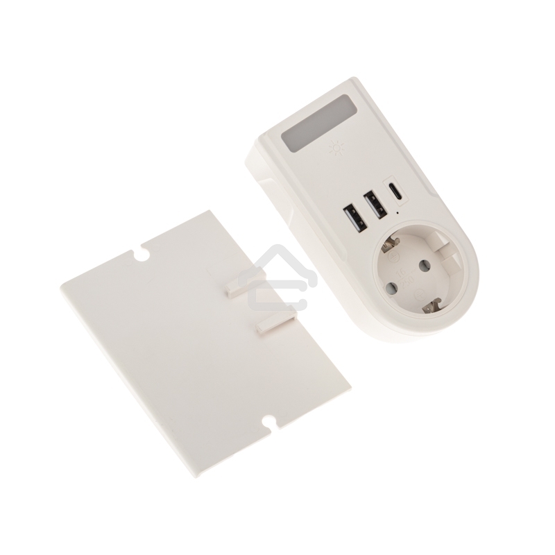 Сетевое зарядное устройство USB Rexant (2хUSB-A + USB-С) + розетка 220-250В с подсветкой и подставкой для телефона