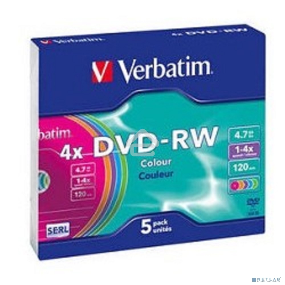 Диск DVD-RW Verbatim 4.7Gb 4x Slim case (5шт) Color (43563)