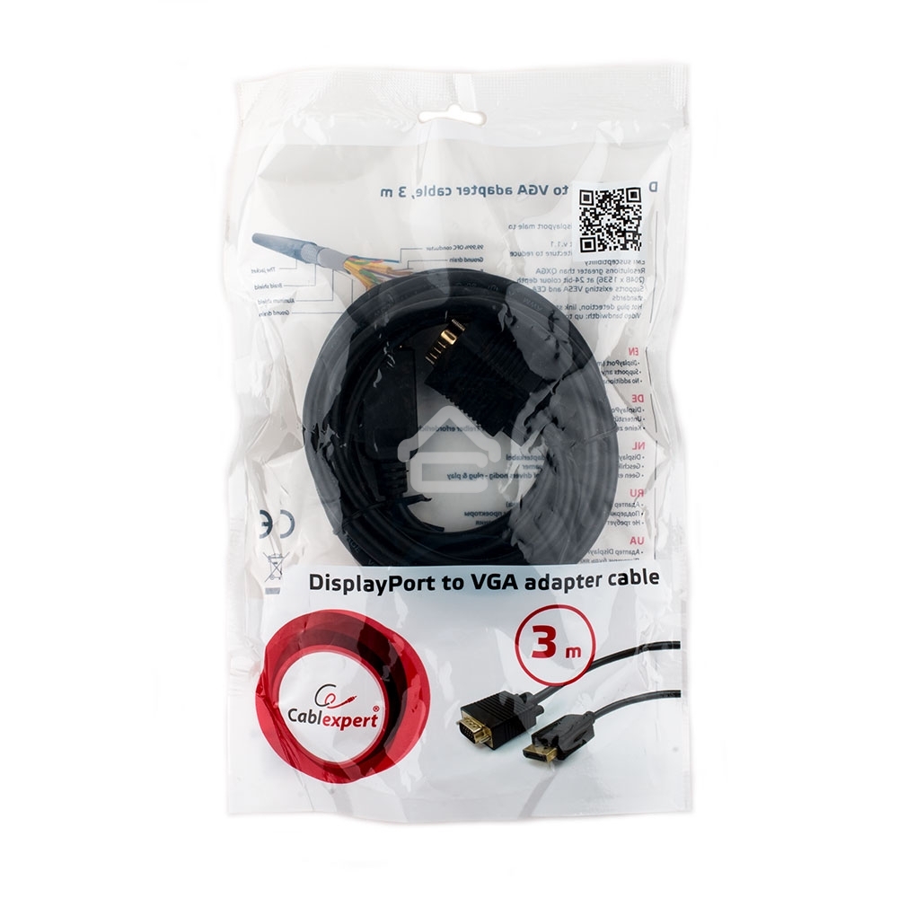 Кабель DisplayPort->VGA Cablexpert CCP-DPM-VGAM-10, 3м, 20M/15M, черный, экран, пакет