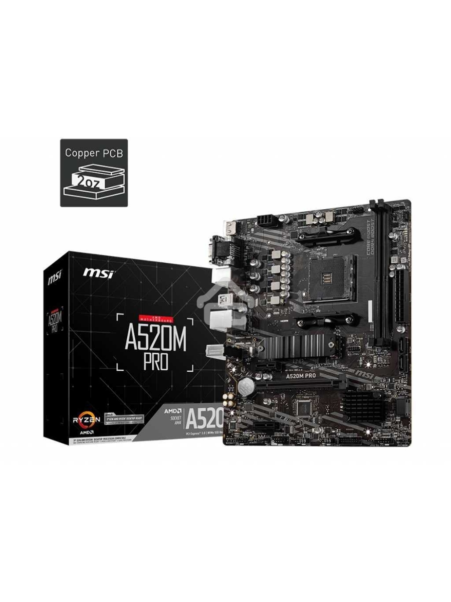 Материнская плата MSI A520M PRO, AM4, AMD A520, 2xDDR4, 4xSATA, 1xM.2, 1xPCIe 3.0 x16, 1xDVI-D, 1xHDMI, 1x 1Gb LAN, 2xUSB 2.0, 4xUSB 3.2 Gen 1, 3x3.5 мм, 7.1, mATX