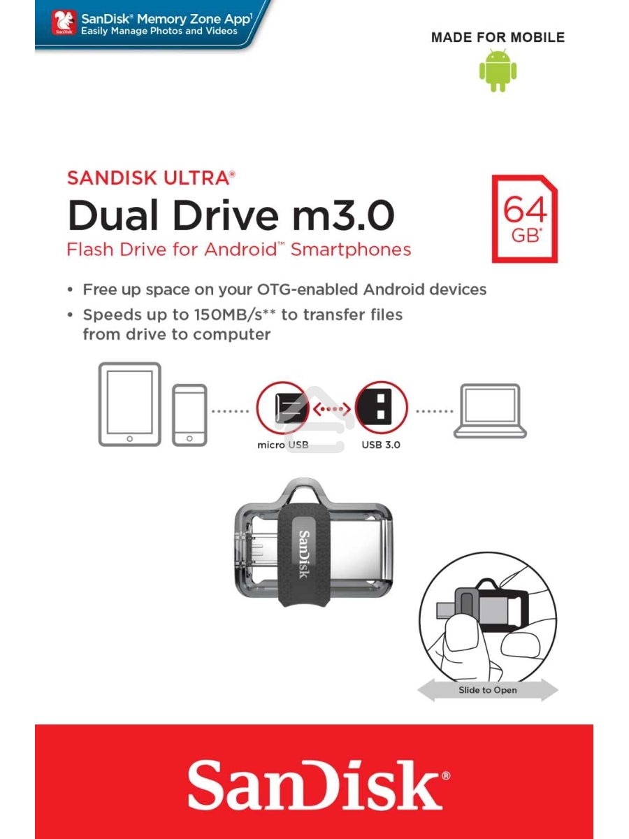 Флеш диск 64GB SanDisk Ultra Android Dual Drive OTG, m3.0/USB 3.0, Black