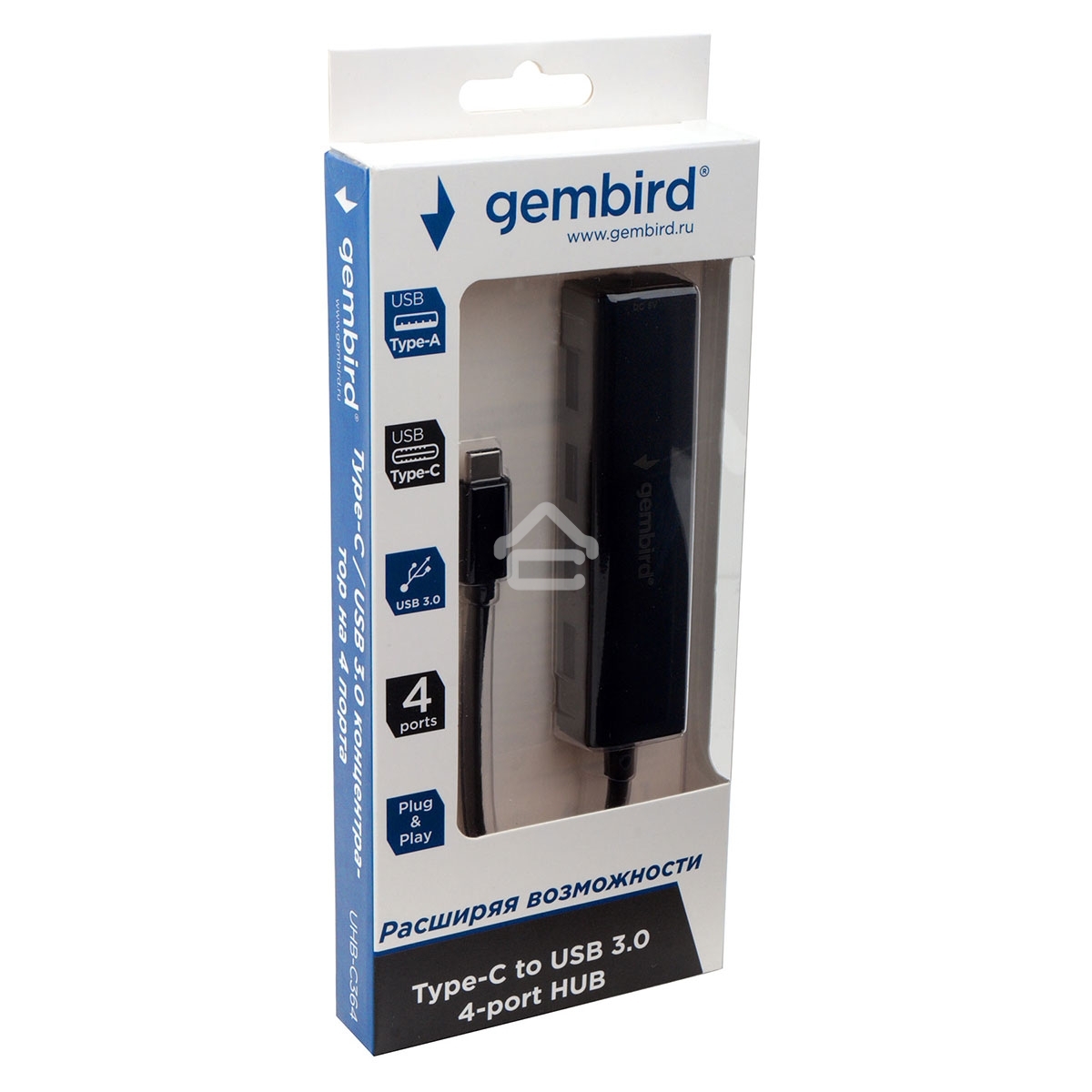 Концентратор USB 3.0 Gembird UHB-C364, 4 порта, Type-C, с доп питанием