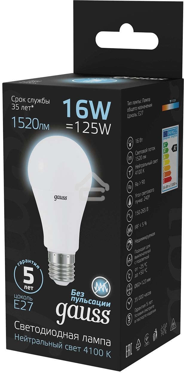 Светодиодная лампа GAUSS 102502216 LED A60 16W E27 1470lm 4100K 1/10/50