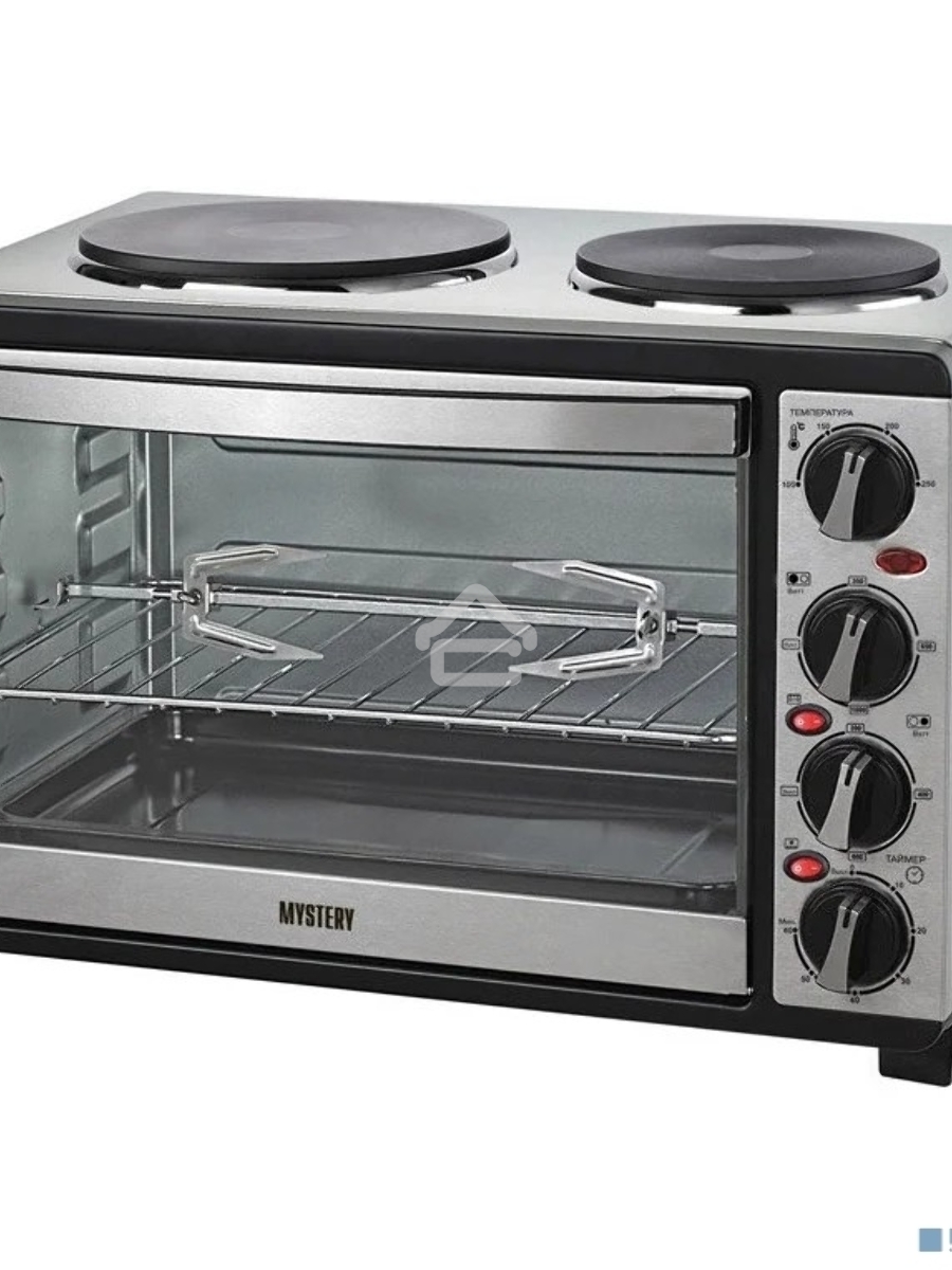 Мини-печь Mystery MOT-3330 (нержавеющая сталь, 1500 Вт, 2 конфорки, гриль, съемный вертел)