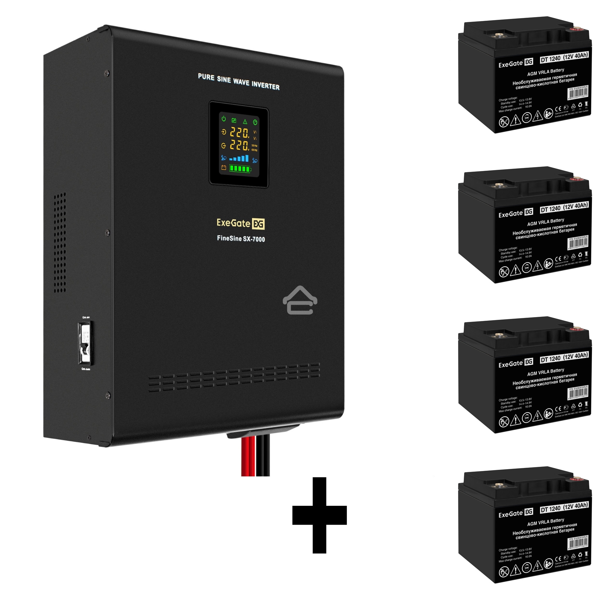 Комплект ИБП EX296005RUS + батарея 40Aч EX282976RUS 4шт (инвертор, синус, для котла, настенный) ExeGate FineSine SX-7000.LCD.AVR.2SH.T <7000VA/5000W, чистая синусоида, цветной LCD-дисплей, AVR, 2*Schuko+клеммы, линейно-интерактивный, крепление настенное, 