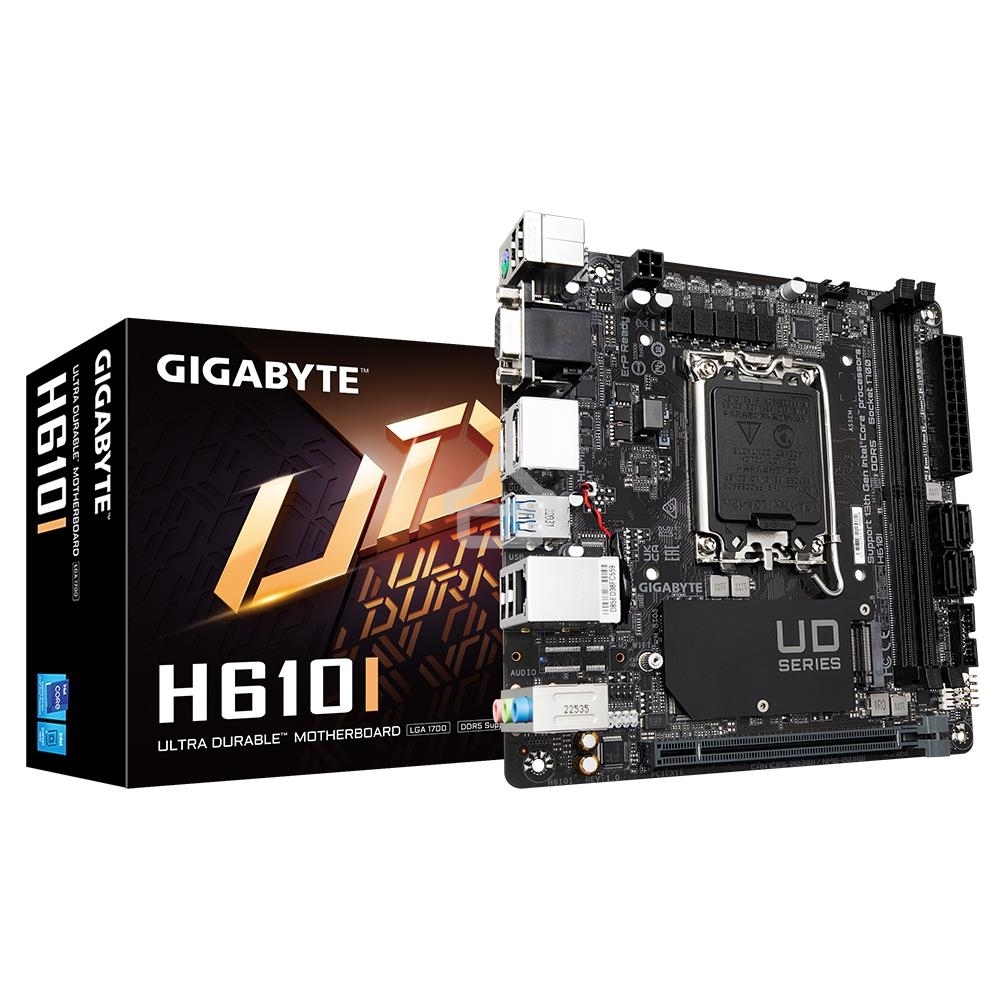 Материнская плата Gigabyte H610I, LGA 1700, Intel H610, 2xDDR5, 4xSATA, 1xM.2, 1xPCIe 4.0 x16, 1xHDMI, 1xVGA, 2xDP, 1x 1Gb LAN, 2xUSB-A 3.2 Gen 1, 4xUSB-A 2.0, 3x 3.5 мм, 7.1, Mini-ITX