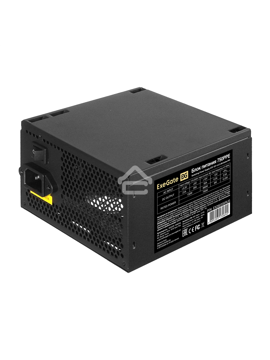 Блок питания ExeGate 750PPE, 750W, (ATX, APFC, PC, КПД 80% (80 PLUS), 12cm fan, 24pin, 2x(4+4)pin, 4xPCI-E, 6xSATA, 3xIDE, black, кабель 220V в комплекте 1,8м)