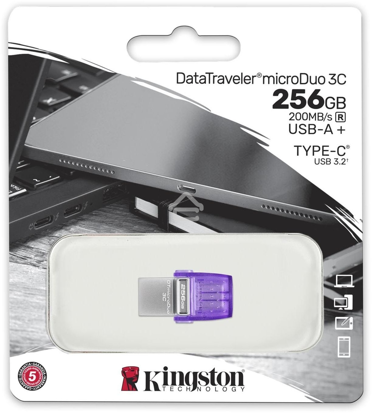 Флешка USB Kingston DataTraveler microDuo 3C (DTDUO3CG3/256GB), 256Gb, USB 3.2 Gen 1/Type-C, R/W 200/15, фиолетовый