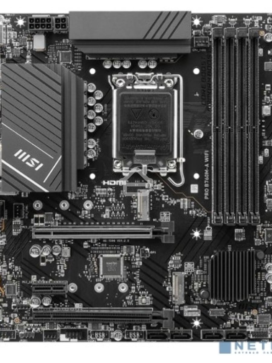 Материнская плата MSI PRO B760M-A WIFI, LGA 1700, Intel B760, 4xDDR5, 4xSATA, 2xM.2, 1xPCI-E 4.0 x16, 1xPCI-E 4.0 x4, 2xHDMI, 2xDP, 1x2.5Gb LAN, 2xUSB-A 2.0, 2xUSB 3.2 Gen 1, 2xUSB 3.2 Gen 2, 3x3.5 мм, 7.1, Micro-ATX