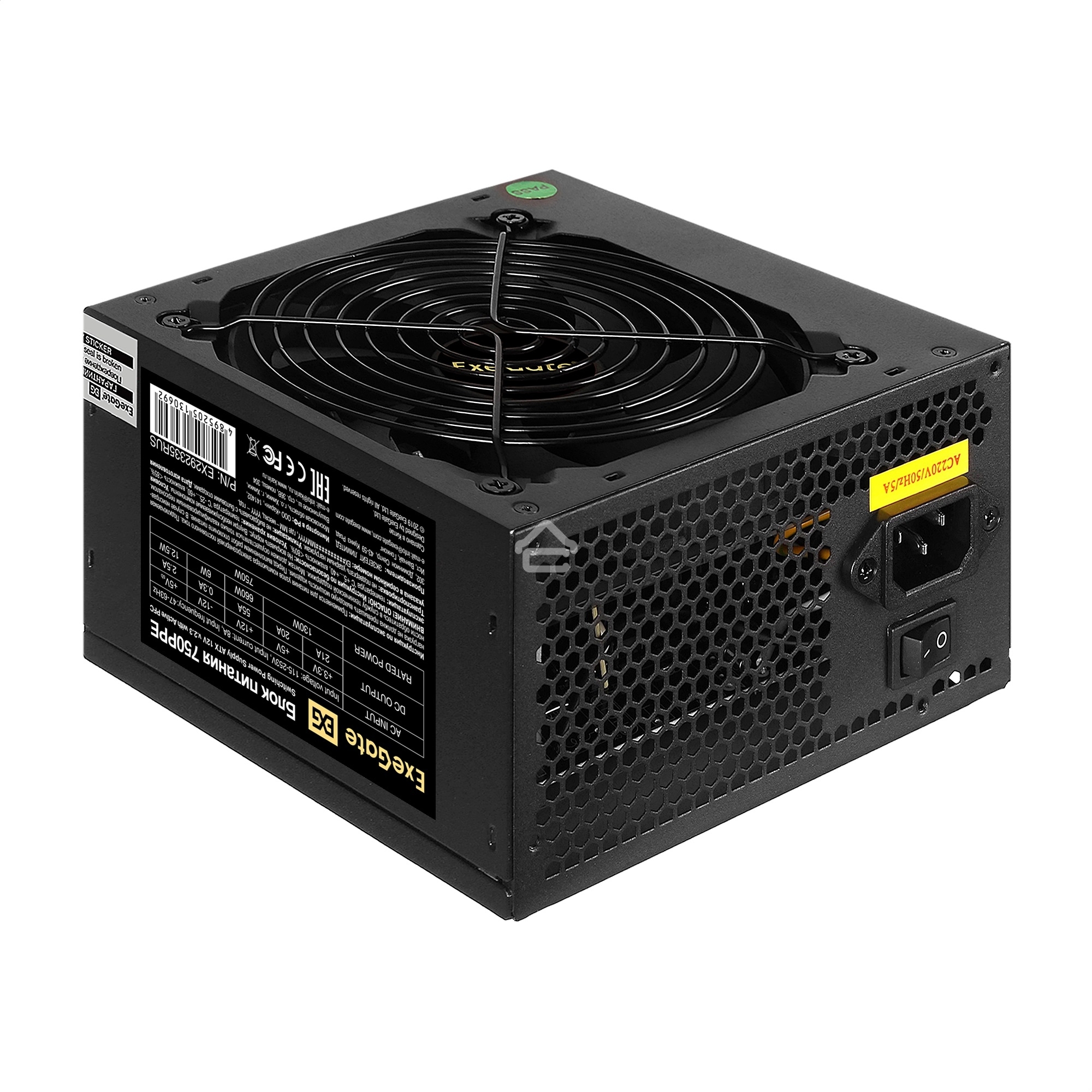 Блок питания ExeGate 750PPE, 750W, (ATX, APFC, PC, КПД 80% (80 PLUS), 12cm fan, 24pin, 2x(4+4)pin, 4xPCI-E, 6xSATA, 3xIDE, черный, кабель 220V в комплекте 1,8м)