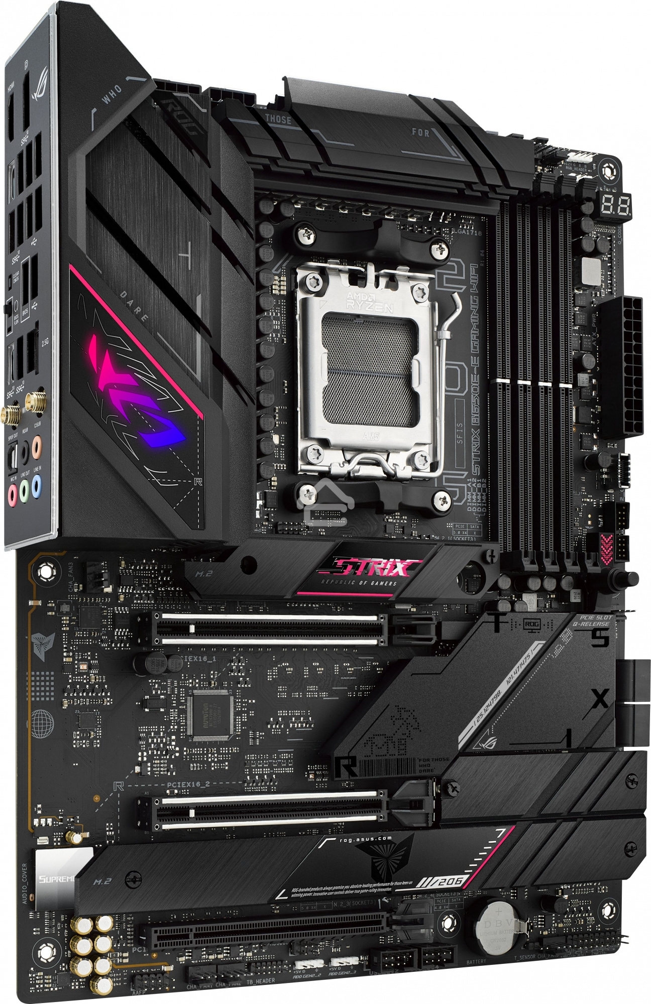 Материнская плата ASUS ROG STRIX B650E-E GAMING WIFI, AM5, AMD B650, 4xDDR5, 4xSATA, 4xM.2, 1xPCI-E 4.0 x4, 1xPCI-E 5.0 x8, 1xPCI-E 5.0 x16, 1xDP, 1xHDMI, 1x 2.5Gb LAN, 4xUSB-A 3.2 Gen 2, 6xUSB-A 3.2 Gen 2, 1xUSB-C 3.2 Gen 2, 1xUSB-C 3.2 Gen 2x2, 5x3.5 мм