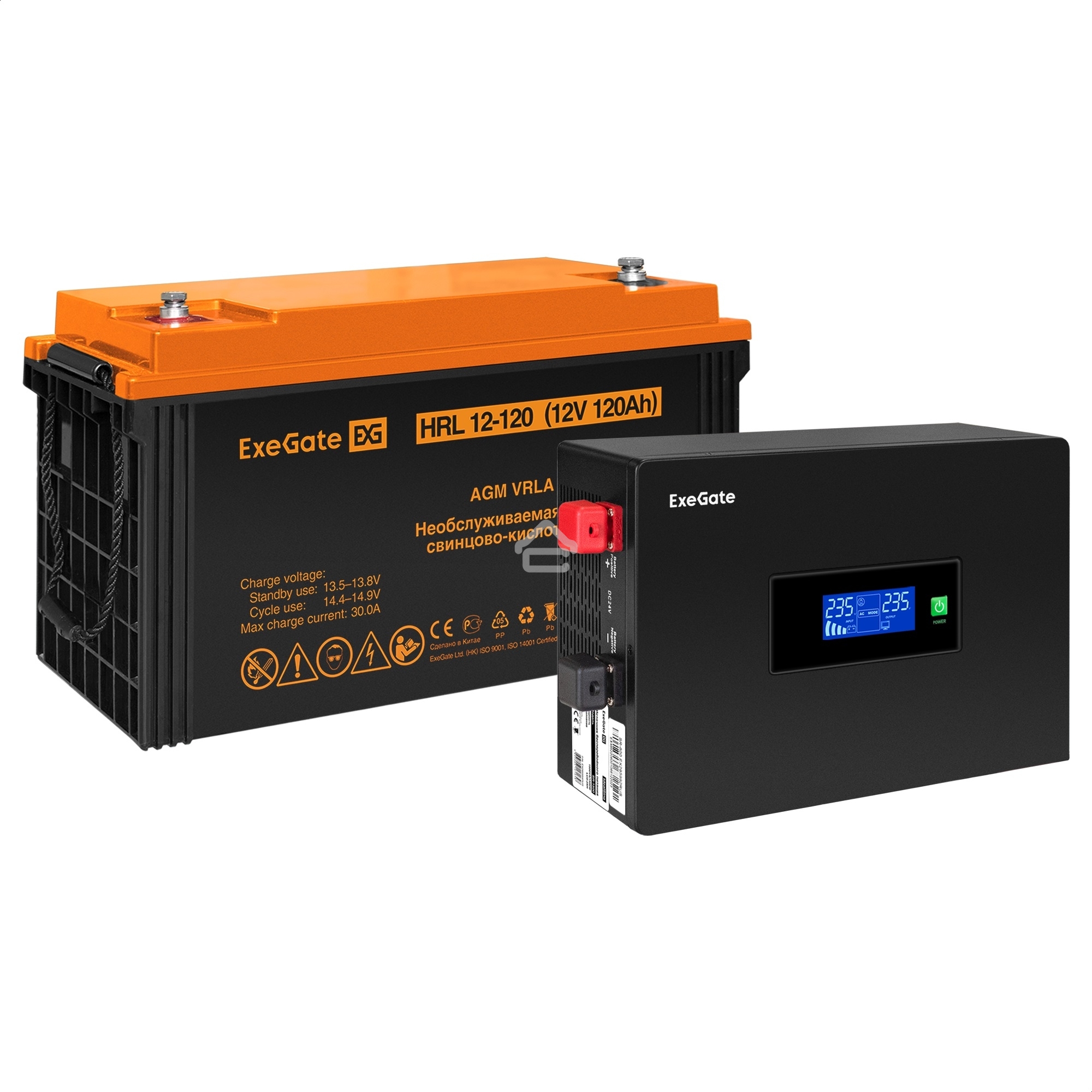 Комплект ИБП EX295992RUS + батарея 120Aч EX285657RUS 1шт (инвертор, синус, для котла, PF=1, настенный) ExeGate IdealSine SR-600.LCD.2SH <600VA/600W, чистая синусоида, цветной LCD-дисплей, 2*Schuko, крепление настенное, Black> + батарея ExeGate HRL 12-120 