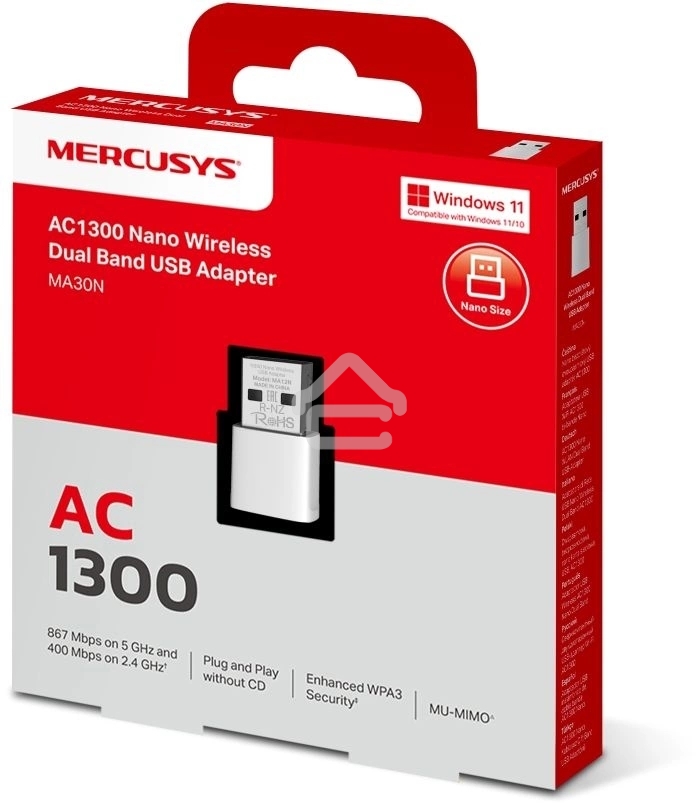 Mercusys MA30N Сверхкомпактный двухдиапазонный USB-адаптер Wi-Fi AC1300