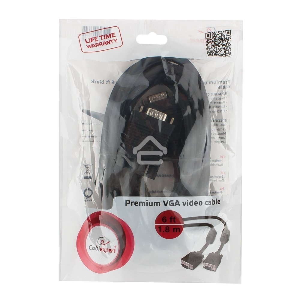 Кабель Gembird/Cablexpert CC-PPVGA-6B,Кабель VGA Premium,15M/15M, 1.8м, тройн.экран, феррит.кольца, черный, пакет