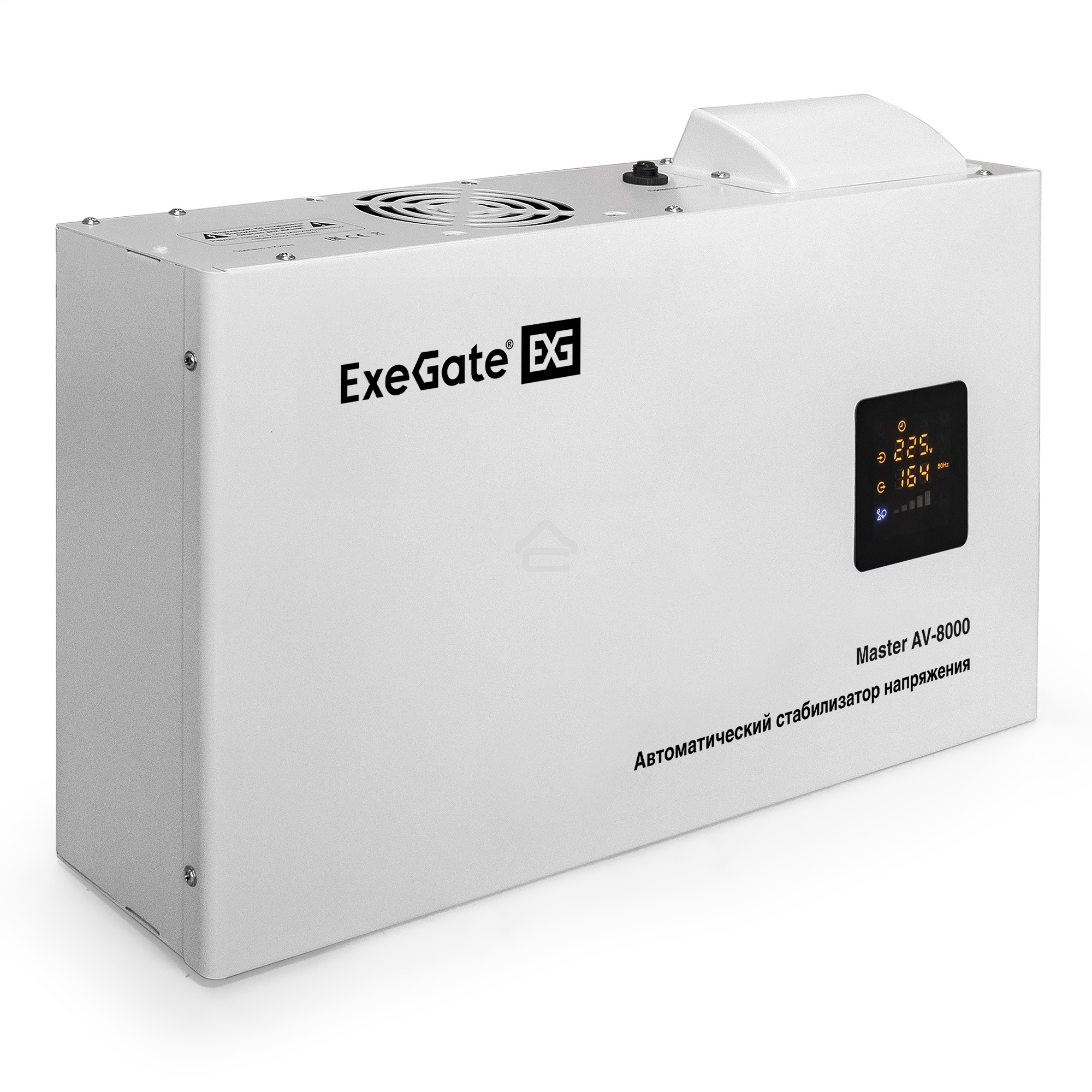 Стабилизатор напряжения ExeGate Master AV-8000 (8000ВА, 140-260В, цветной дисплей, 220В±8%, КПД 98%, 5 уровней защиты, задержка, усиленный метал.корпус, клем.колодка+евророзетка, RTL)