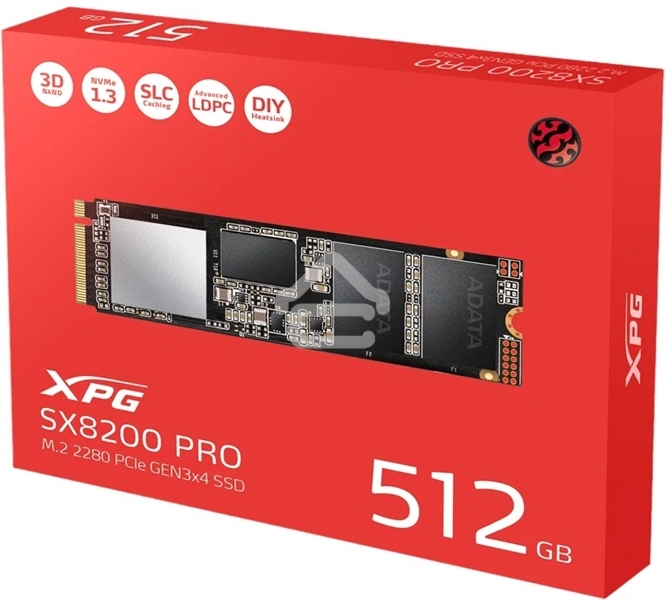Накопитель SSD XPG SX8200 Pro, 512 Gb, PCIe 3.0 x4, M.2 2280, NVMe, R/W 3350/2350, с радиатором