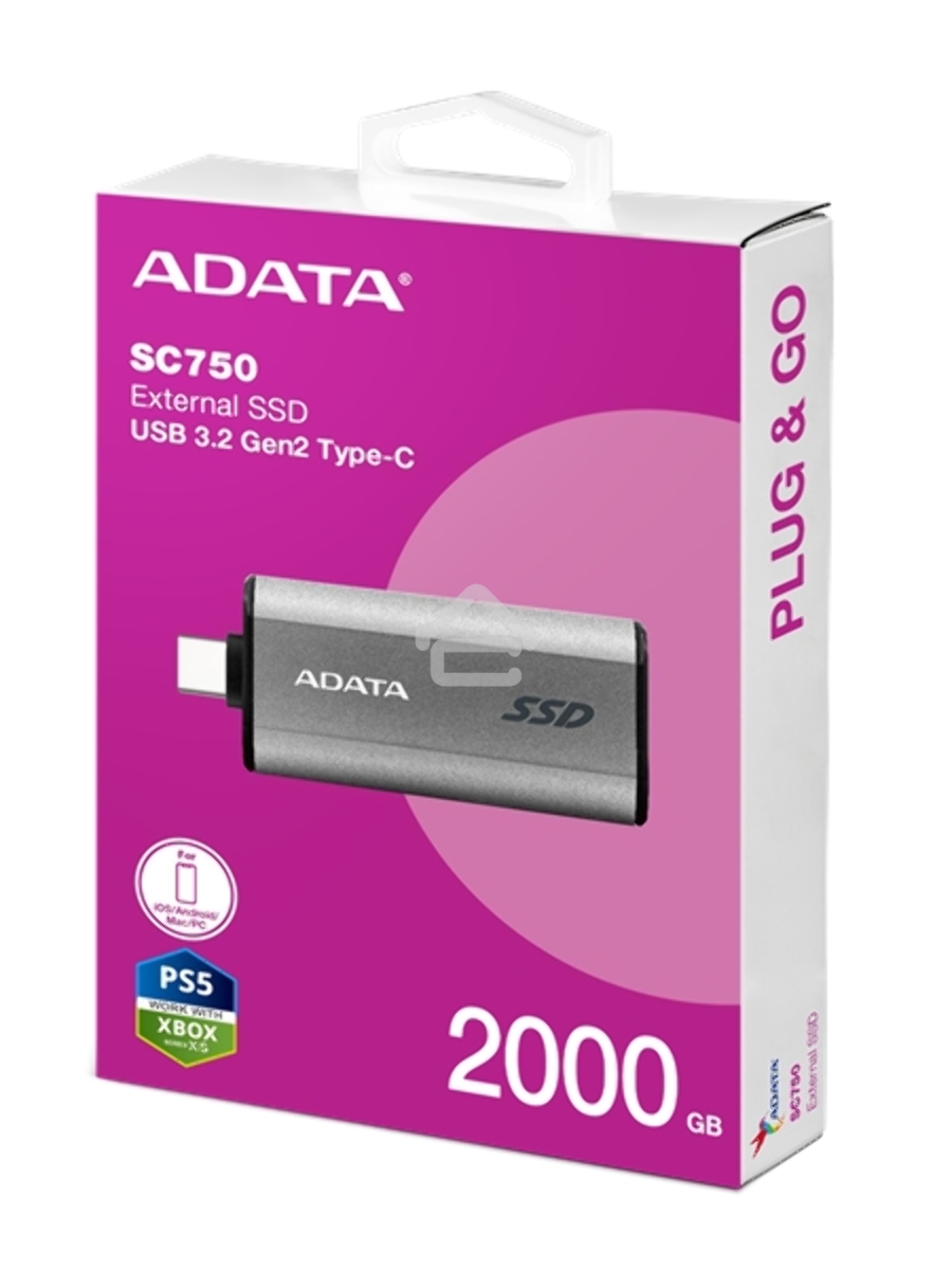 Твердотельный диск A-DATA External SC750 серый SC750-2000G-CCBK 2TB USB 3.2 Gen 2 Type-C, [R/W -1050/1000 MB/s]