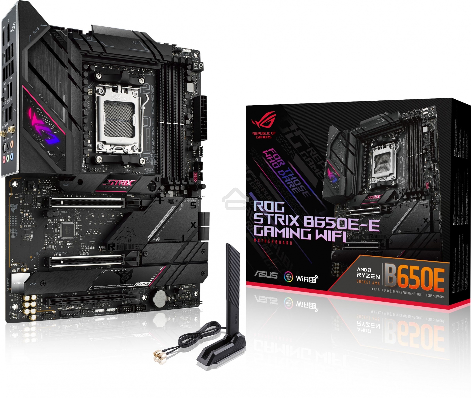 Материнская плата ASUS ROG STRIX B650E-E GAMING WIFI, AM5, AMD B650, 4xDDR5, 4xSATA, 4xM.2, 1xPCI-E 4.0 x4, 1xPCI-E 5.0 x8, 1xPCI-E 5.0 x16, 1xDP, 1xHDMI, 1x 2.5Gb LAN, 4xUSB-A 3.2 Gen 2, 6xUSB-A 3.2 Gen 2, 1xUSB-C 3.2 Gen 2, 1xUSB-C 3.2 Gen 2x2, 5x3.5 мм