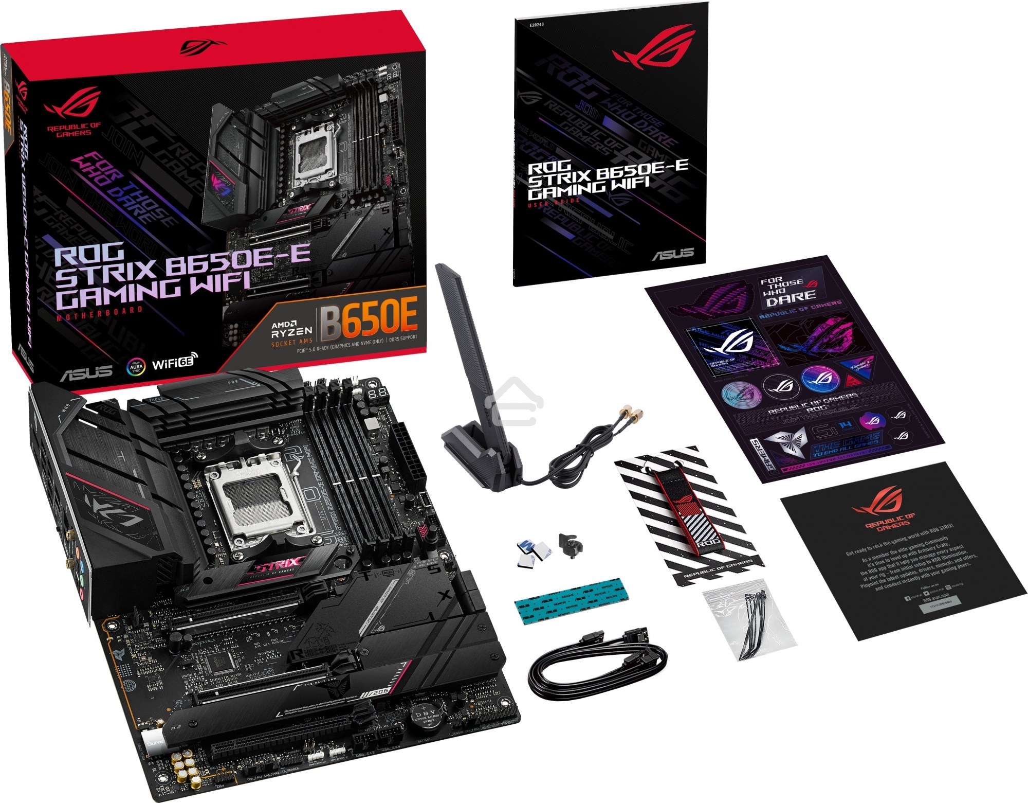 Материнская плата ASUS ROG STRIX B650E-E GAMING WIFI, AM5, AMD B650, 4xDDR5, 4xSATA, 4xM.2, 1xPCI-E 4.0 x4, 1xPCI-E 5.0 x8, 1xPCI-E 5.0 x16, 1xDP, 1xHDMI, 1x 2.5Gb LAN, 4xUSB-A 3.2 Gen 2, 6xUSB-A 3.2 Gen 2, 1xUSB-C 3.2 Gen 2, 1xUSB-C 3.2 Gen 2x2, 5x3.5 мм