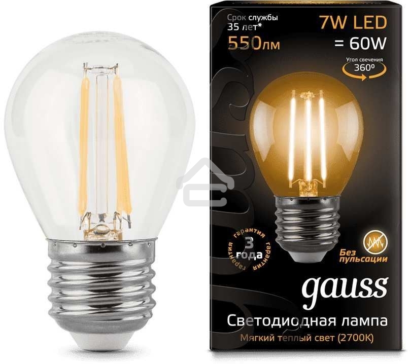 Светодиодная лампа GAUSS 105802107 LED Filament Шар E27 7W 550lm 2700K 1/10/50