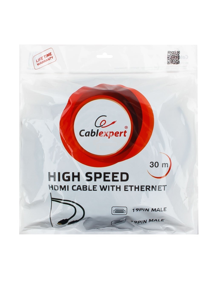 Кабель Cablexpert HDMI CC-HDMI4-30M, 19M/19M, v1.4, медь, позол.разъемы, экран, усилитель сигнала, 30м, черный, пакет