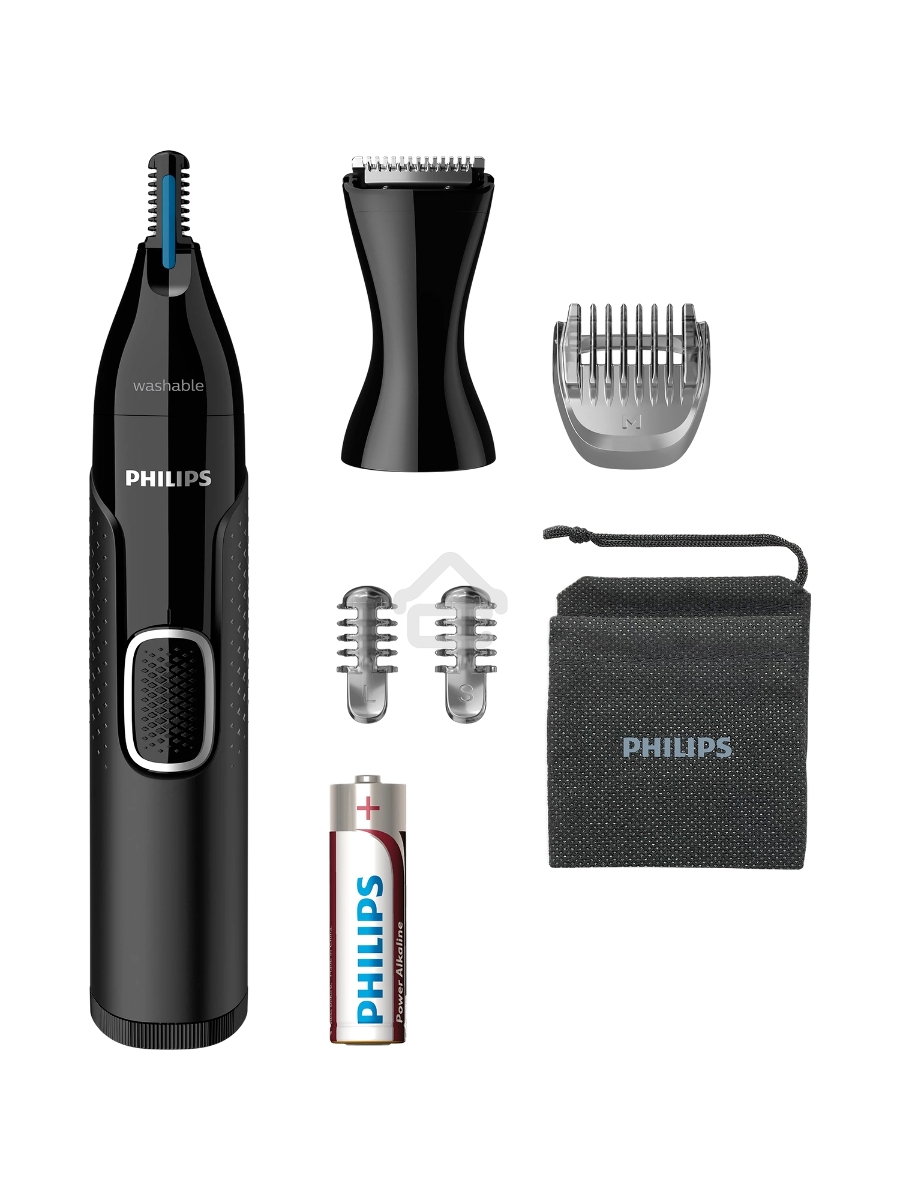 Триммер Philips для носа и ушей, черный, корпус - пластик, 3 насадки-гребня, насадка - триммер, щеточка для очистки, мягкий чехол, батарейка