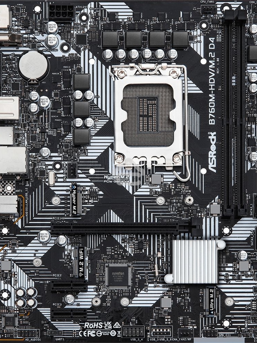 Материнская плата ASRock B760M-HDV/M.2 D4, LGA 1700, Intel B760, 2xDDR4, 4xSATA, 2xM.2, 1xPCIe 4.0 x16, 2xPCIe x1, 1xDP, 1xHDMI, 1xVGA, 1x 1Gb LAN, 2xUSB-A 3.2 Gen 1, 3xUSB 2.0, 3x3.5 мм, 7.1, mATX