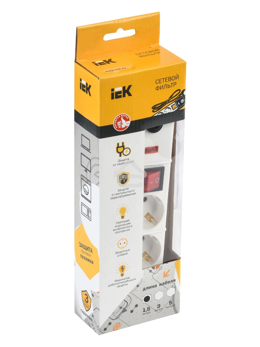 Сетевой фильтр Iek WFP10-16-03-01-N СФ-03К-выкл. 3 места 2Р + PE/1,5метра 3х1мм2