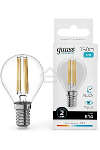 Лампа филам. Gauss Filament 12Вт цок.:E14 шар св.свеч.бел.нейт. (упак.:10шт) (52122)