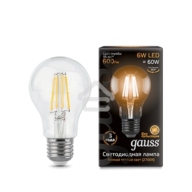 Лампа светодиодная GAUSS 102802106LED Filament А60 Е27 6Вт 2700к 1/10/40