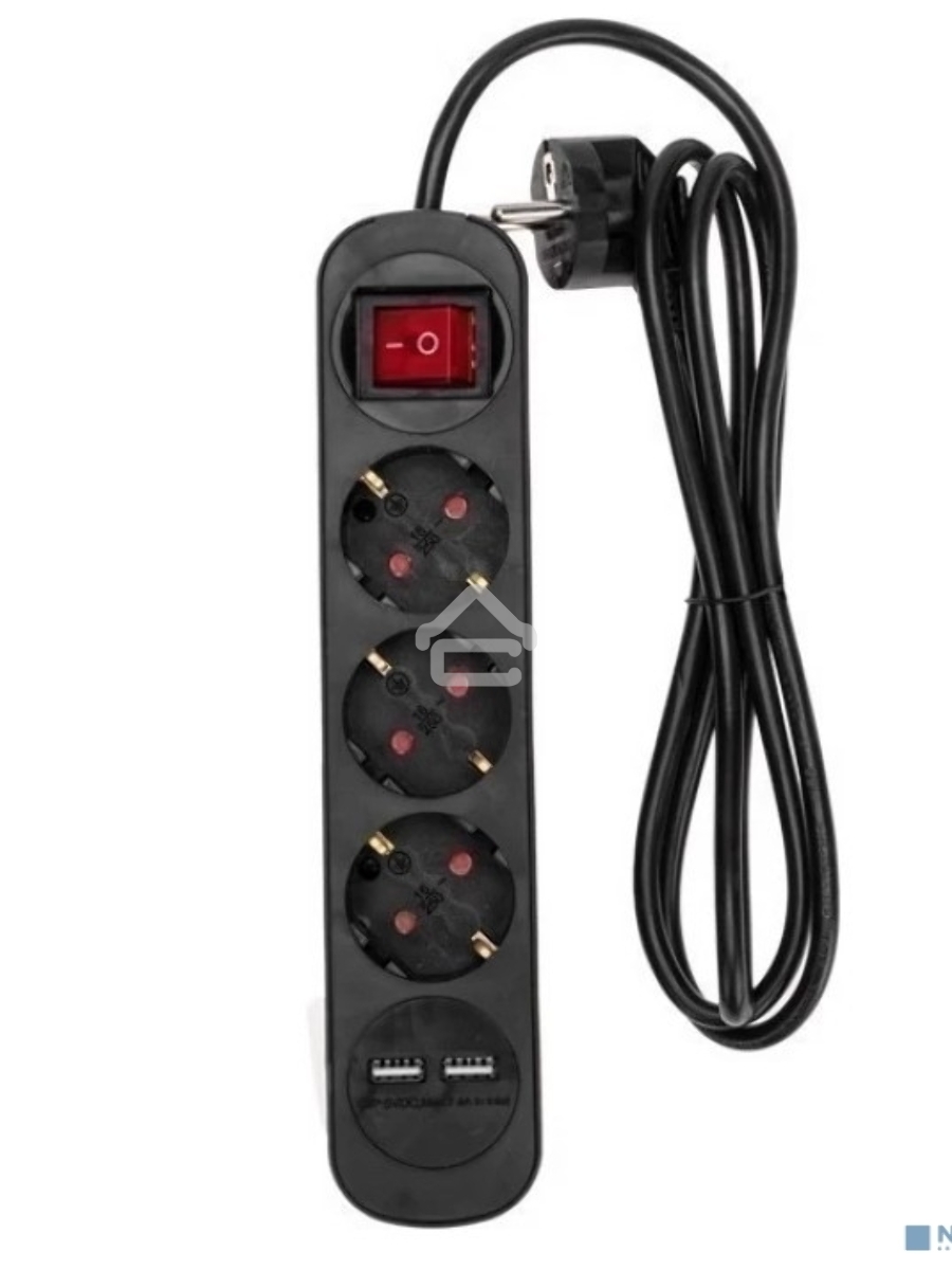Удлинитель STANDARD 3 гнезда, 3м, 3х1,0мм², с/з, с выключателем, 2 USB, черный Rexant