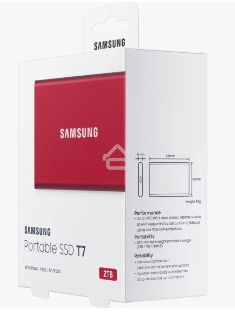 Твердотельный накопитель Samsung SSD 2TB T7, USB Type-C, R/W 1000/1050MB/s, красный