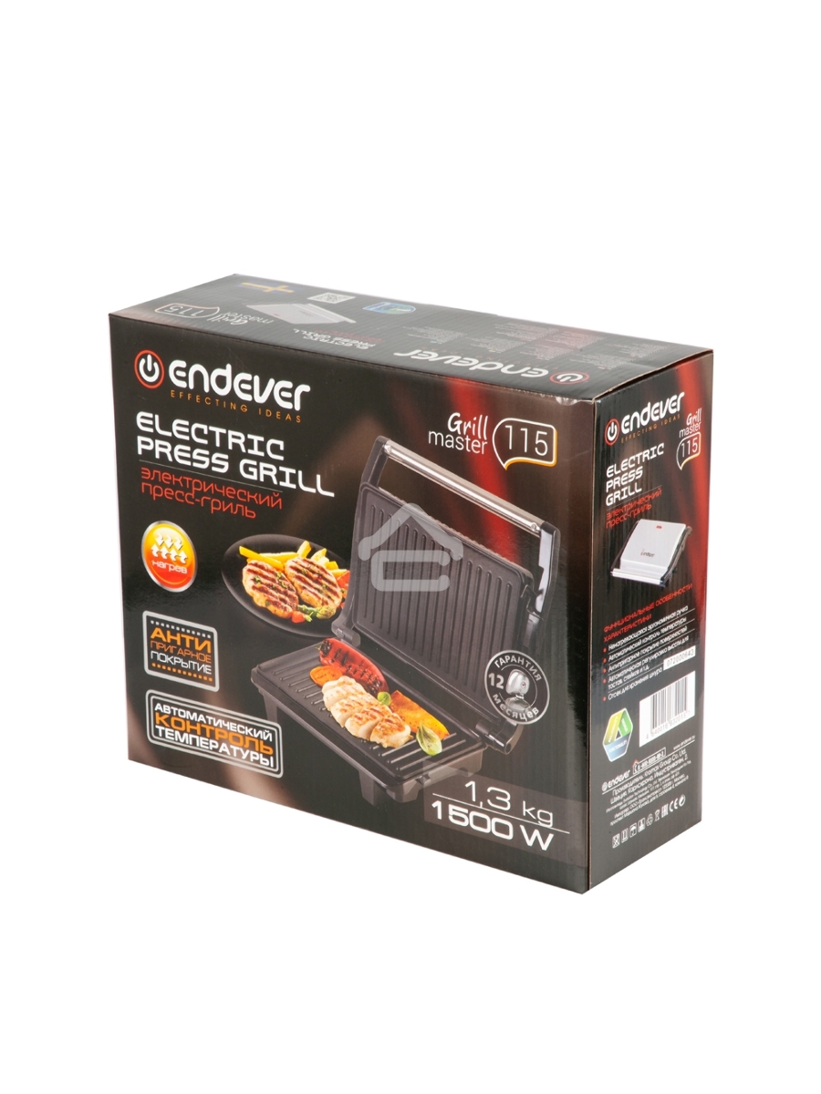 Электрогриль Endever Grillmaster 115, 1500 Вт, авто терморегулятор, антипригарное покрытие, индикатор нагрева, серебристый/черный