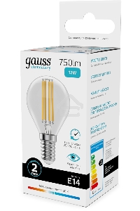 Лампа филам. Gauss Filament 12Вт цок.:E14 шар св.свеч.бел.нейт. (упак.:10шт) (52122)