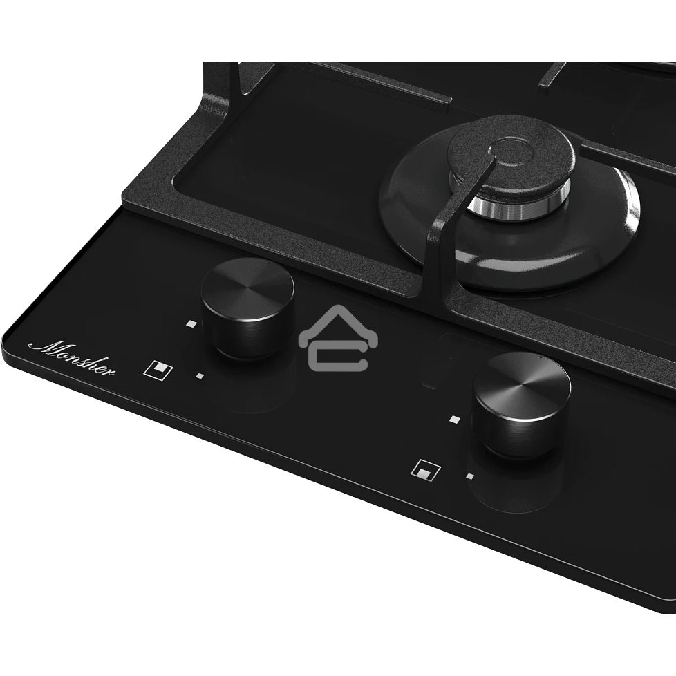 Газовая варочная панель Monsher MGG 33 NoirR, газ, High-Tech, 30 см, автоматический электроподжиг, газ-контроль, форсунки под сжиженый газ, SABAF конфорки, чугунные решетки, черный