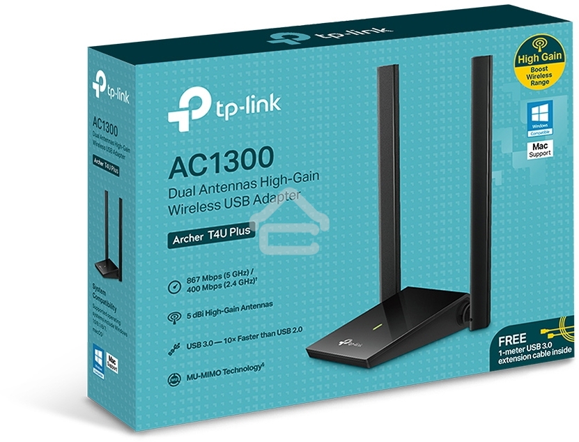 Адаптер TP-Link AC1300Mbps Dual-band High-Gain wireless USB adapter, 867Mbps at 5G and 400Mbps at 2.4G, two high gain antennas, USB 3.0, USB extension cable, support wave 2 MU-MIMO, full compatible with Windows and macOS.