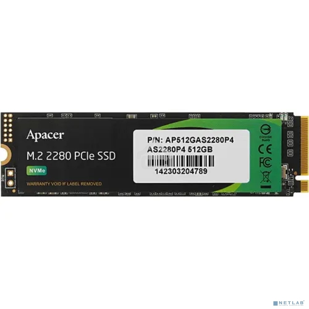 Накопитель SSD Apacer AS2280P4, 512Gb, M.2 2280, PCIe 3.0 x4, NVMe, R/W 2100/1500