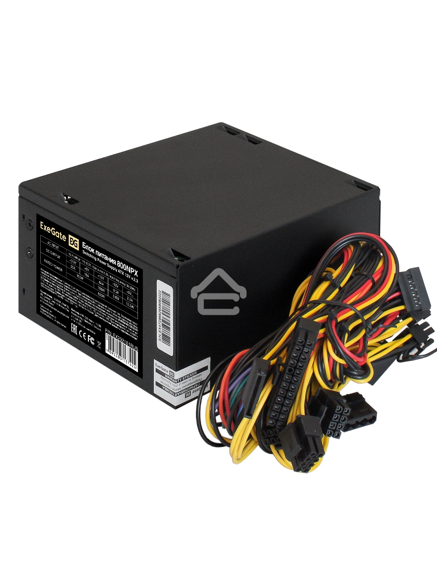 Блок питания ExeGate 800NPX, 800W, (ATX, SC, 12cm fan, 24pin, 2x(4+4)pin, 2xPCI-E, 5xSATA, 3xIDE, black, кабель 220V 1,8м с защитой от выдергивания)