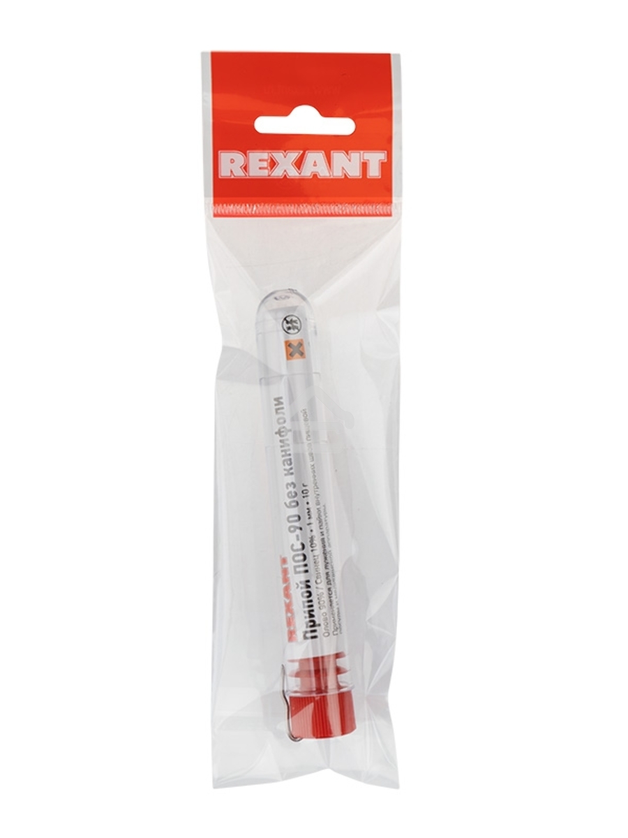Припой без канифоли ПОС-90 Rexant, 10 г, Ø1.0 мм, (олово 90%, свинец 10%), колба