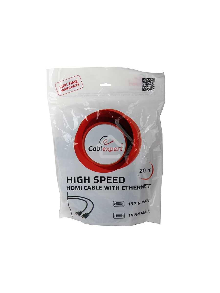 Кабель Cablexpert HDMI CC-HDMI4-20M, 19M/19M, v2.0, медь, позол.разъемы, экран, 20м, черный, пакет