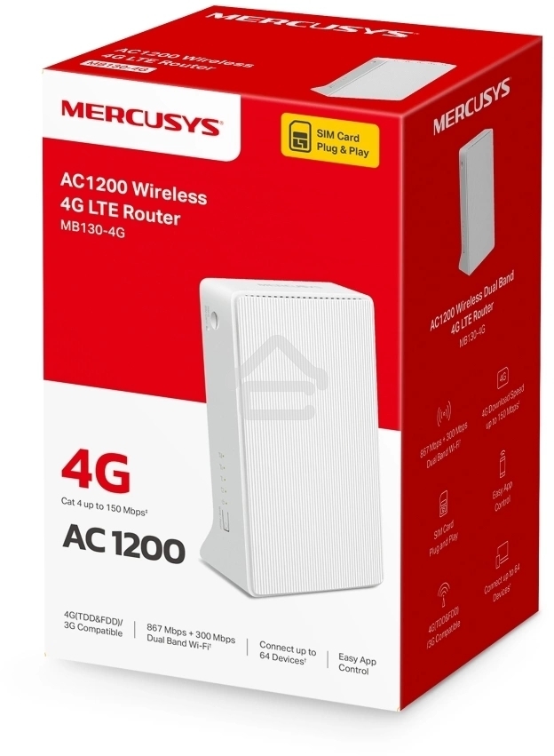 Wi-Fi роутер Mercusys MB130-4G AC1200 Двухдиапазонный 4G LTE