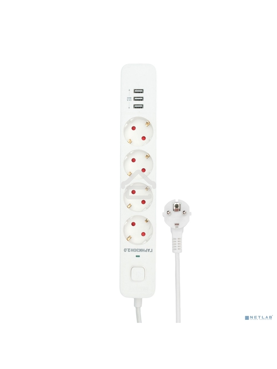 Сетевой фильтр Гарнизон 2.0 Мультипорт EPS-4-U3-W-2, 4 р, 10А, 3xUSB, 2м, ур.защиты 2+, белый, пакет