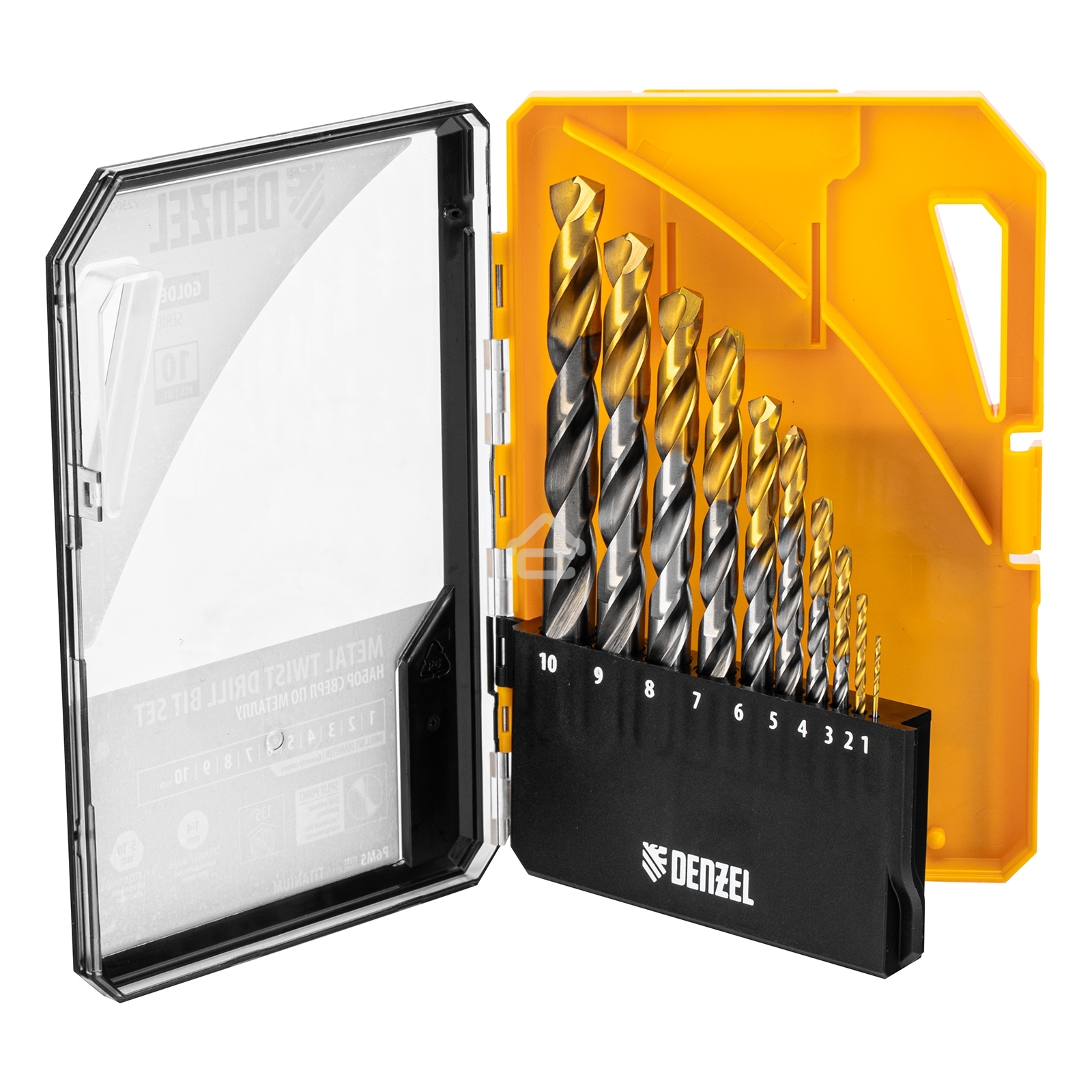 Набор сверл по металлу Denzel 1-10 мм, Р6М5-TiN, Golden Tip, 10 шт 723001
