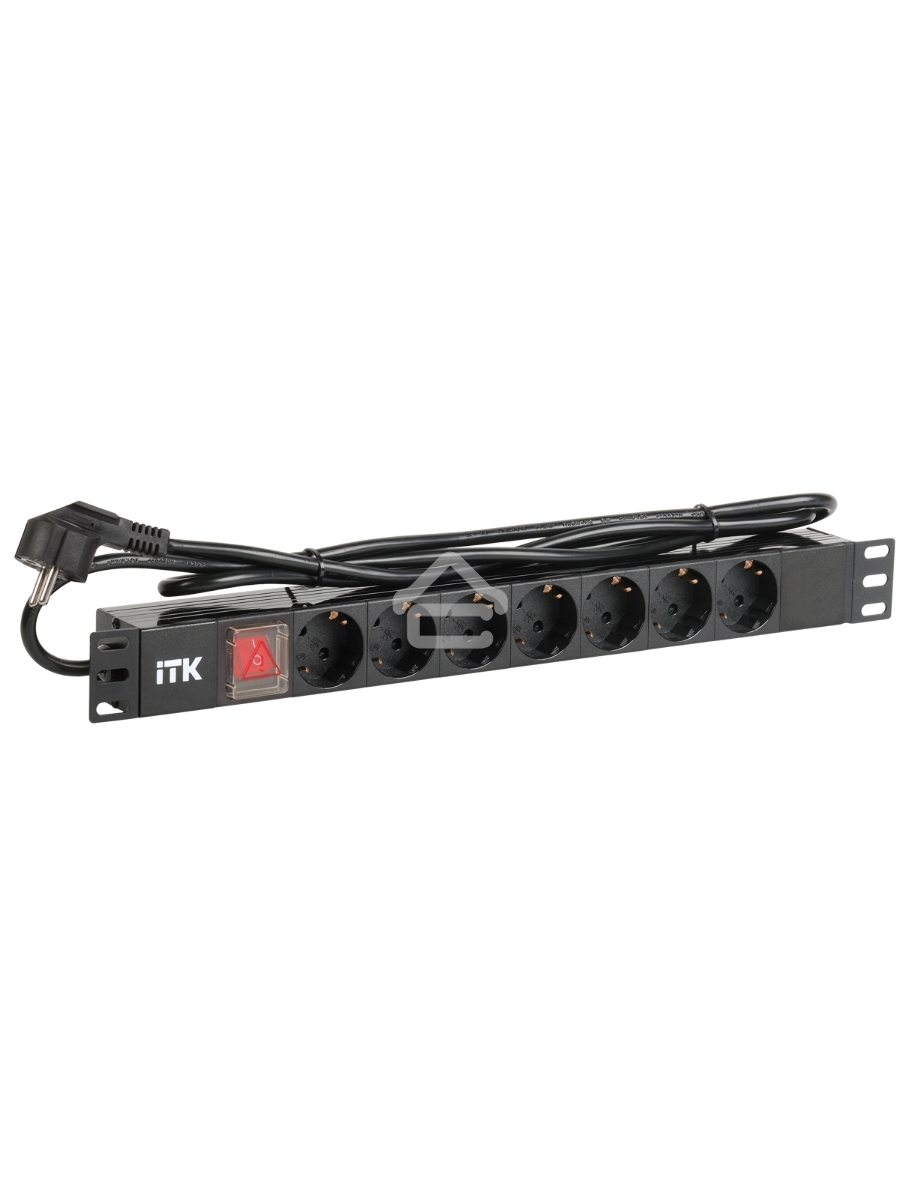 Блок розеток ITK PDU 7 розеток DIN49440 (нем. cтанд.) с LED выключателем, 1U, шнур 2м вилка DIN49441 (нем. станд.), профиль из ПВХ, черный