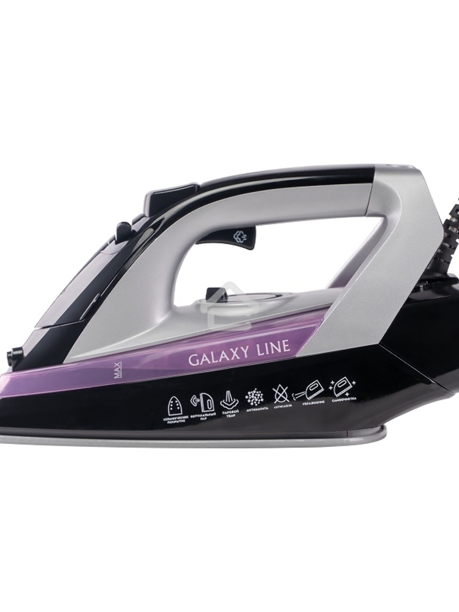 Утюг Galaxy Line GL 6128, фиолетовый с черным, паровой, 2200 Вт, постоянный пар 30 г/мин, паровой удар 140 г/мин, функции: самоочистка, антикапля, антинакипь, функция увлажнения, вертикальное отпаривание, защита от перегрева, индикатор нагрева, керамическ