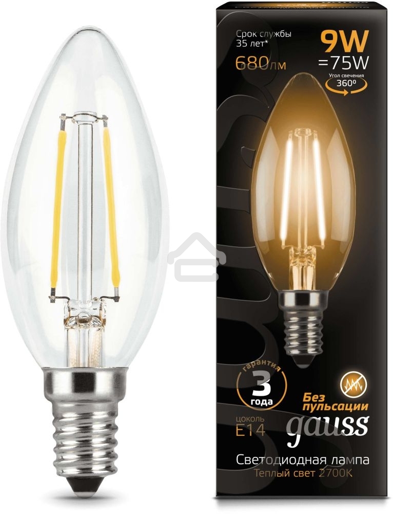 Светодиодная лампа LED GAUSS 103801109 Filament Свеча E14 9W 680lm 2700К 1/10/50